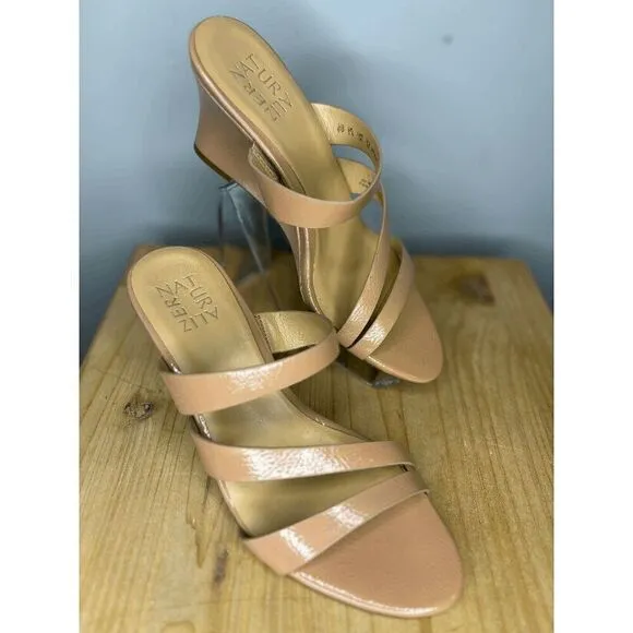 Naturalizer Women's Breona Wedge Patent Mid Heel Dress Sandal Taupe Size 6M