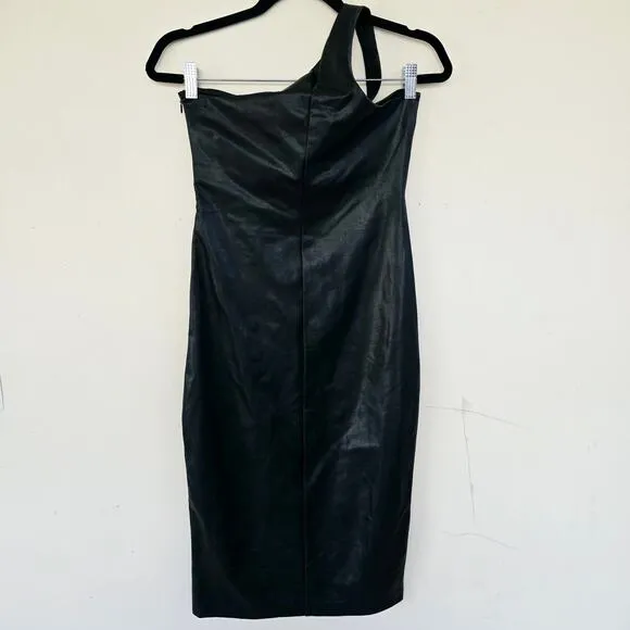 New Amanda Uprichard McKay Black Leather Cutout One Shoulder Midi Dress Size S
