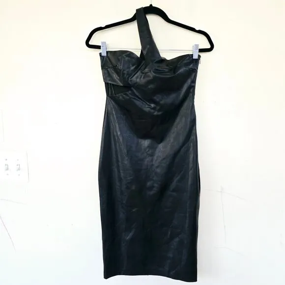 New Amanda Uprichard McKay Black Leather Cutout One Shoulder Midi Dress Size S