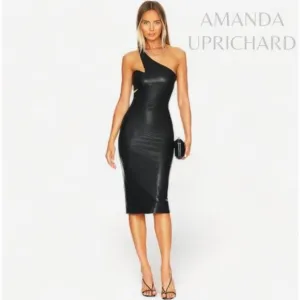 New Amanda Uprichard McKay Black Leather Cutout One Shoulder Midi Dress Size S