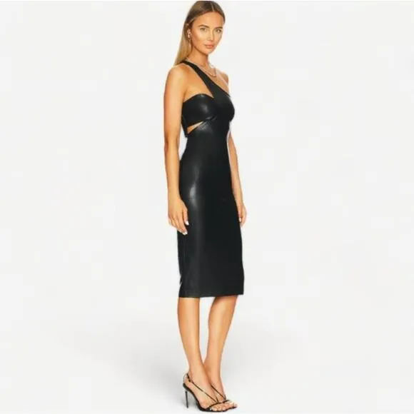 New Amanda Uprichard McKay Black Leather Cutout One Shoulder Midi Dress Size S