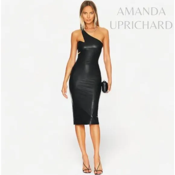 New Amanda Uprichard McKay Black Leather Cutout One Shoulder Midi Dress Size S