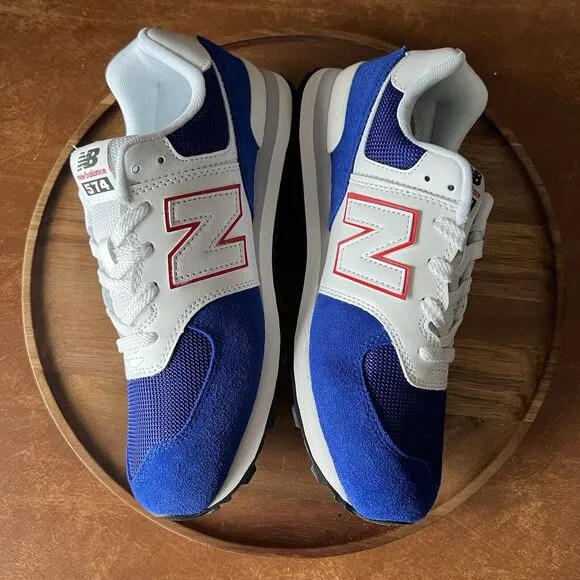 New Balance 574 Sneakers Shoes Suede Red White Royal Blue Men's 7 Women's 8.5