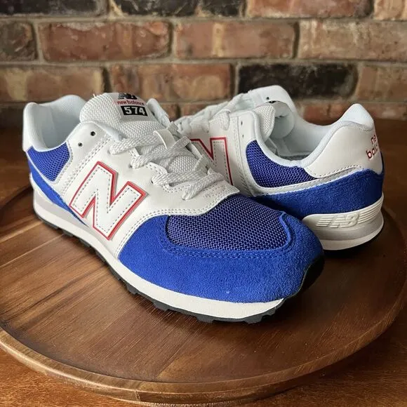 New Balance 574 Sneakers Shoes Suede Red White Royal Blue Men's 7 Women's 8.5