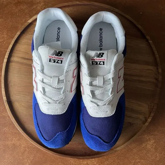 New Balance 574 Sneakers Shoes Suede Red White Royal Blue Men's 7 Women's 8.5