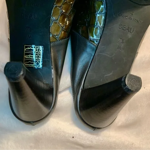 NEW Brighton Beau Mules Sz 7.5 Italy Patent Leather Olive Bronze Crocodile
