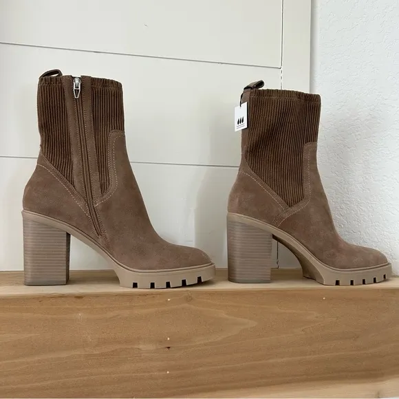 New Dolce Vita Marni H2O Truffle Taupe Suede Leather Mid-Calf High Heel Boots