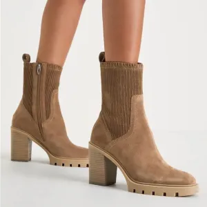 New Dolce Vita Marni H2O Truffle Taupe Suede Leather Mid-Calf High Heel Boots