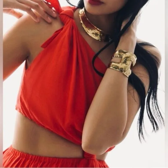 NEW FARM Rio Red Midi Knot Dress Linen Cutout Elastic Waist Asymmetrical Size XL