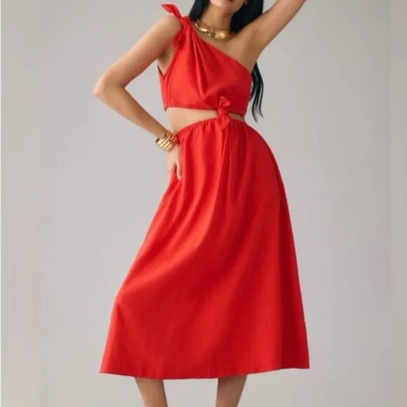 NEW FARM Rio Red Midi Knot Dress Linen Cutout Elastic Waist Asymmetrical Size XL