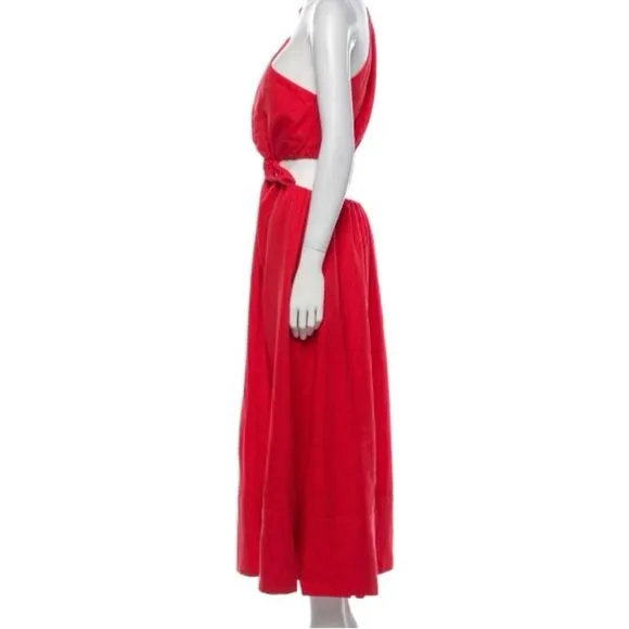 NEW FARM Rio Red Midi Knot Dress Linen Cutout Elastic Waist Asymmetrical Size XL