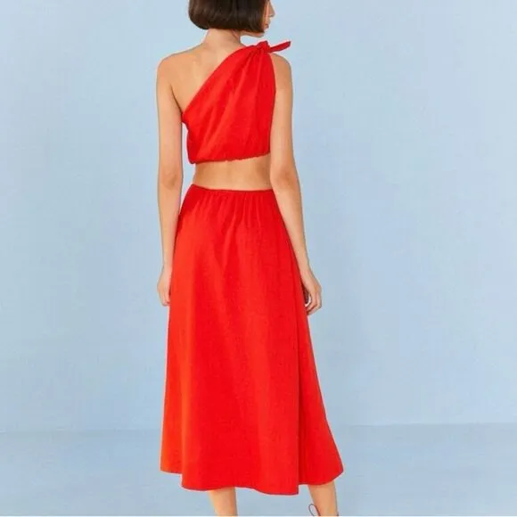 NEW FARM Rio Red Midi Knot Dress Linen Cutout Elastic Waist Asymmetrical Size XL