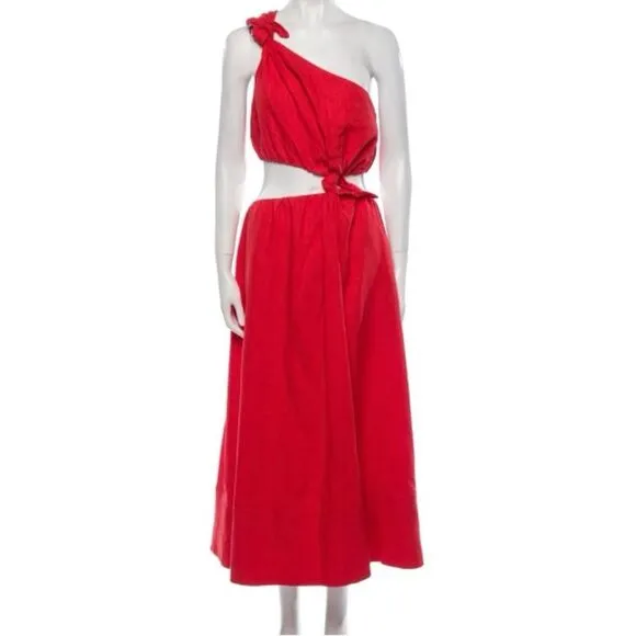 NEW FARM Rio Red Midi Knot Dress Linen Cutout Elastic Waist Asymmetrical Size XL
