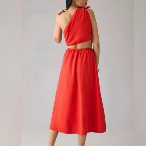 NEW FARM Rio Red Midi Knot Dress Linen Cutout Elastic Waist Asymmetrical Size XL