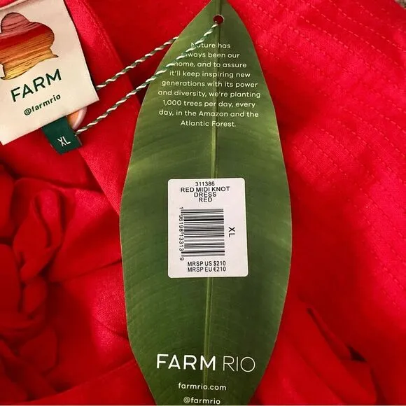 NEW FARM Rio Red Midi Knot Dress Linen Cutout Elastic Waist Asymmetrical Size XL