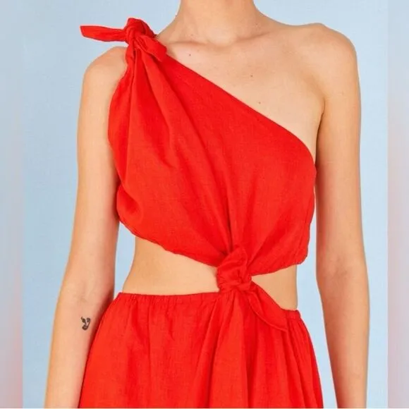 NEW FARM Rio Red Midi Knot Dress Linen Cutout Elastic Waist Asymmetrical Size XL