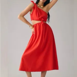 NEW FARM Rio Red Midi Knot Dress Linen Cutout Elastic Waist Asymmetrical Size XL