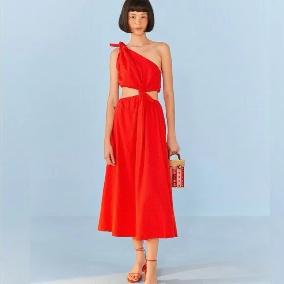 NEW FARM Rio Red Midi Knot Dress Linen Cutout Elastic Waist Asymmetrical Size XL