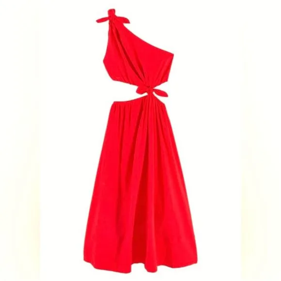 NEW FARM Rio Red Midi Knot Dress Linen Cutout Elastic Waist Asymmetrical Size XL