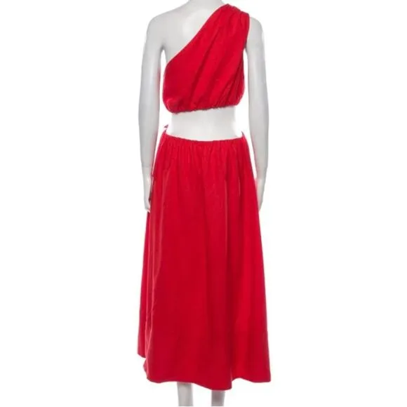 NEW FARM Rio Red Midi Knot Dress Linen Cutout Elastic Waist Asymmetrical Size XL