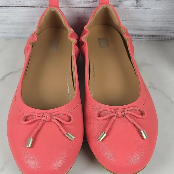 NEW FITFLOP SIZE 9 SHOES ROSY CORAL ALLEGRO BOW LEATHER BALLERINAS FLATS SPRING