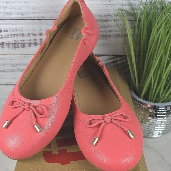 NEW FITFLOP SIZE 9 SHOES ROSY CORAL ALLEGRO BOW LEATHER BALLERINAS FLATS SPRING