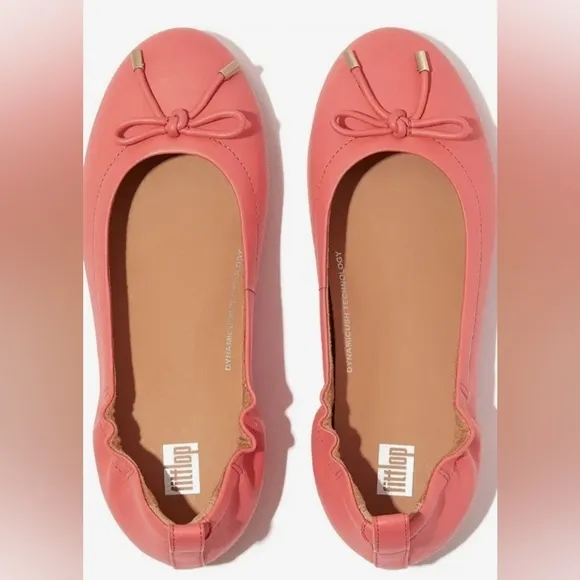 NEW FITFLOP SIZE 9 SHOES ROSY CORAL ALLEGRO BOW LEATHER BALLERINAS FLATS SPRING