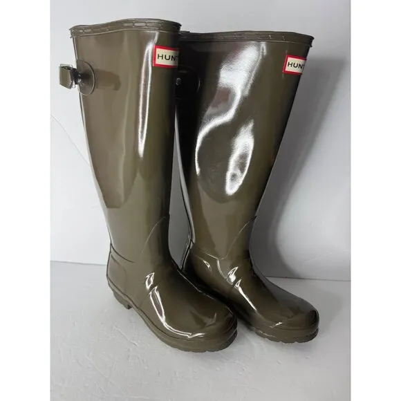 NEW Hunter Original Back Adjustable Gloss Rain Boots Swamp Green EU 36 US 5 UK 3