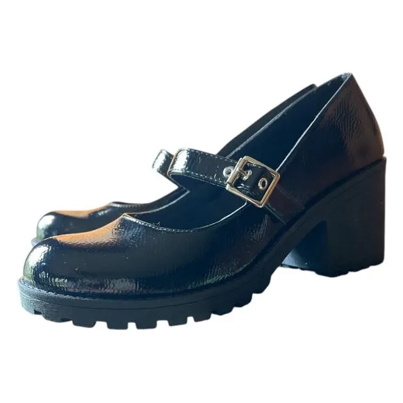 New In Box Lucky Lug Sole Mary Jane Pump Platform Block Heel Black Patent  7.5