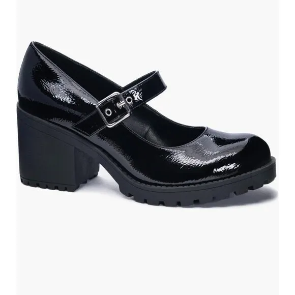 New In Box Lucky Lug Sole Mary Jane Pump Platform Block Heel Black Patent  7.5