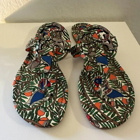 New in Box Tory Burch Miller Patent Leather Orange Something Wild Print Sandals