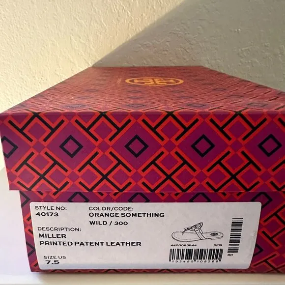New in Box Tory Burch Miller Patent Leather Orange Something Wild Print Sandals