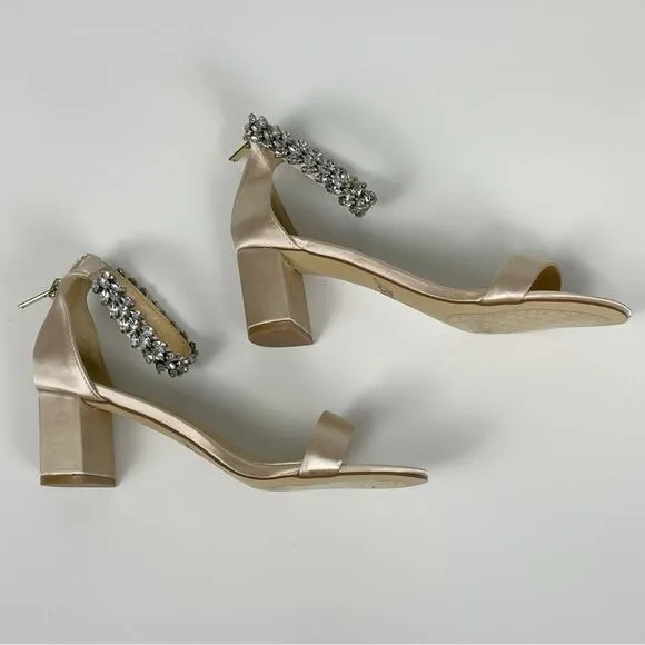 NEW Jewel Badgley Mischka Catalina Open Toe Block Heel Champagne Embellished 6