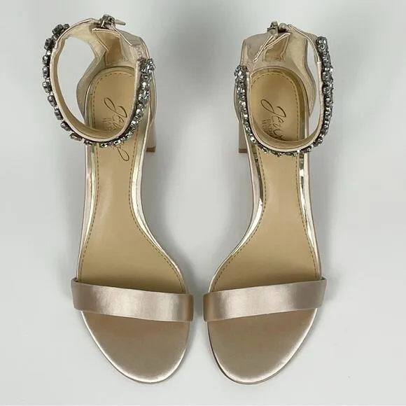 NEW Jewel Badgley Mischka Catalina Open Toe Block Heel Champagne Embellished 6
