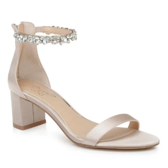 NEW Jewel Badgley Mischka Catalina Open Toe Block Heel Champagne Embellished 6