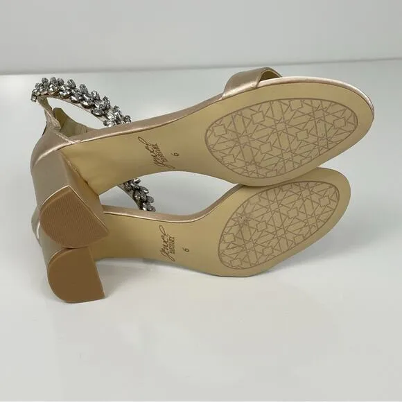 NEW Jewel Badgley Mischka Catalina Open Toe Block Heel Champagne Embellished 6
