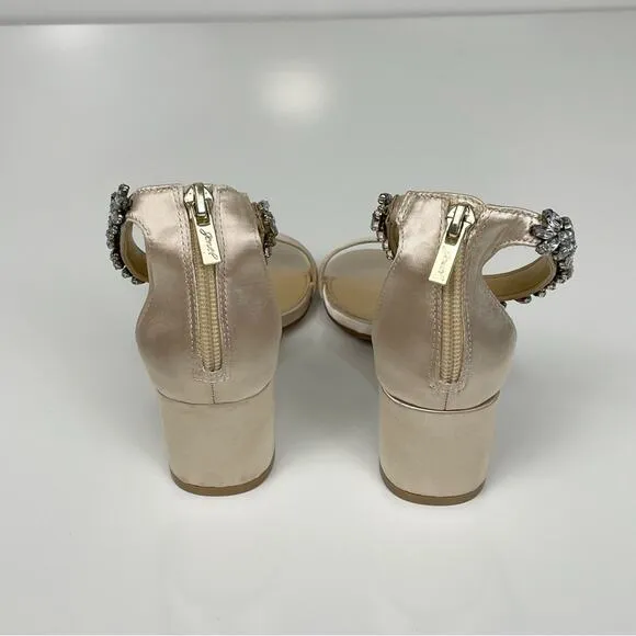 NEW Jewel Badgley Mischka Catalina Open Toe Block Heel Champagne Embellished 6