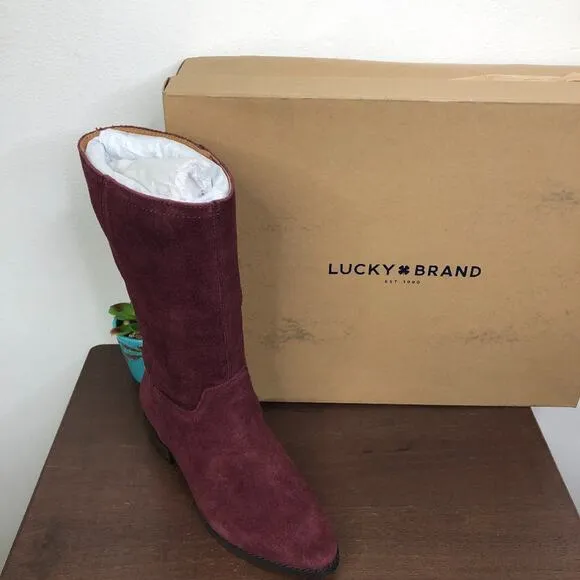 NEW Lucky Brand Lefara Mid Calf Split Suede Boots In Sugar Red Women's Size 6M