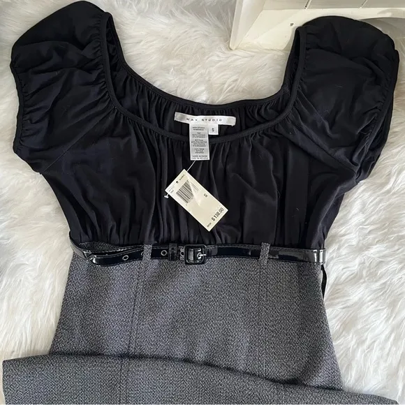 NEW Max Studio Tailored Smocked Ruched Empire Waist Belted Knee Suit Dress S NWT