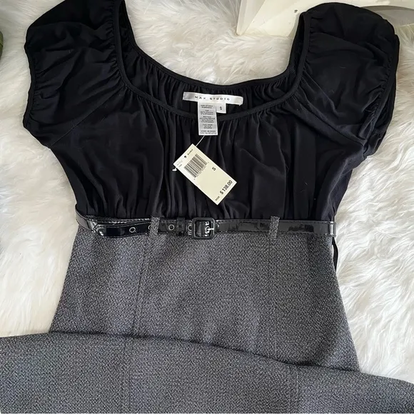 NEW Max Studio Tailored Smocked Ruched Empire Waist Belted Knee Suit Dress S NWT