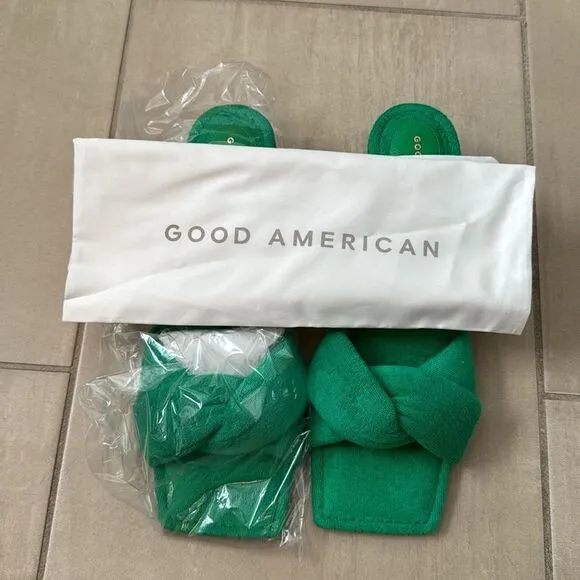 NEW NIB Good American Green Terry Slip-on Kitten Heel Sandal Size 9