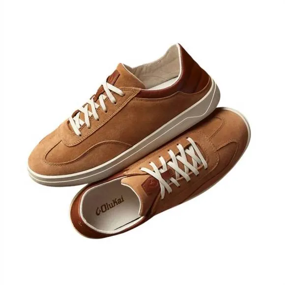 NEW OLUKAI men's punini suede sneakers in tan/toffee