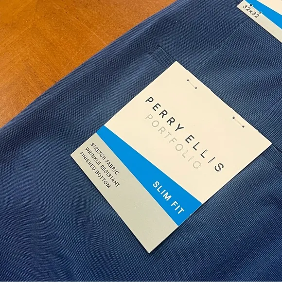 NEW Perry Ellis Portfolio Men’s Payson Slim Fit Flat Front Dress Pant Blue 32x32