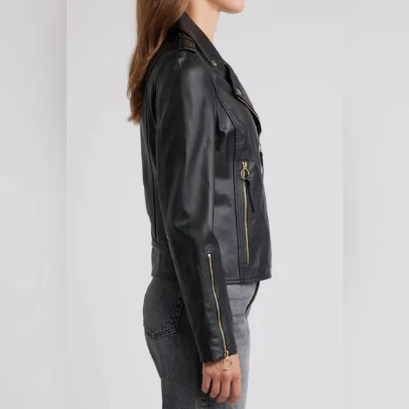 NEW [Sam Edelman] Black Long Sleeve Full Zipped Pockets Biker Womens Jacket Sz S