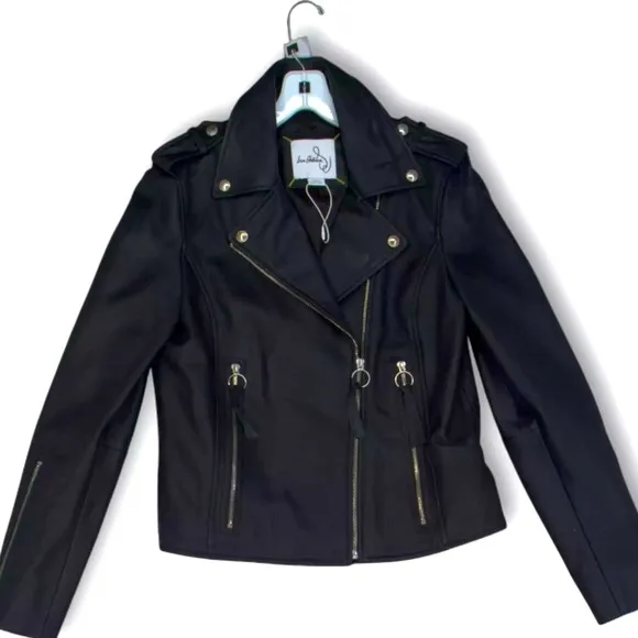 NEW [Sam Edelman] Black Long Sleeve Full Zipped Pockets Biker Womens Jacket Sz S