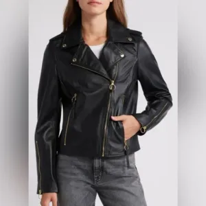 NEW [Sam Edelman] Black Long Sleeve Full Zipped Pockets Biker Womens Jacket Sz S