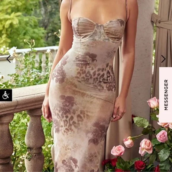New Sexy floral-print stretch-mesh maxi Bodycon  dress