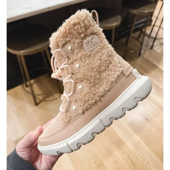 NEW Sorel Explorer ll Cozy Joan Lace Up Boots Faux Shearling Tan Pink NWT