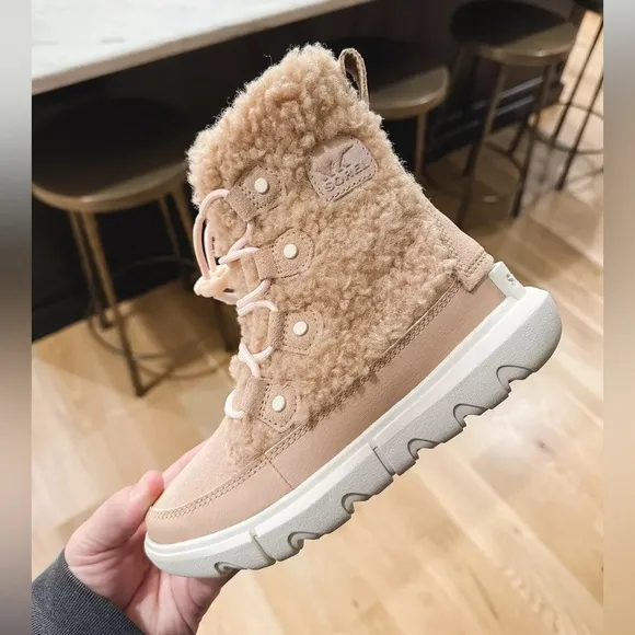 NEW Sorel Explorer ll Cozy Joan Lace Up Boots Faux Shearling Tan Pink NWT