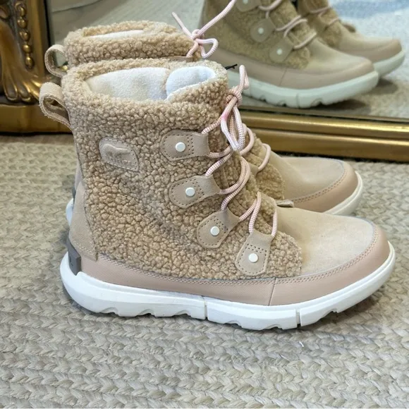 NEW Sorel Explorer ll Cozy Joan Lace Up Boots Faux Shearling Tan Pink NWT